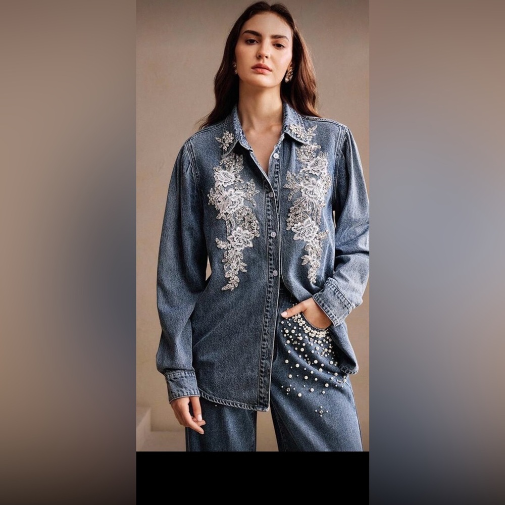 SHEIN Blue Jean Jacket with White Embroidery